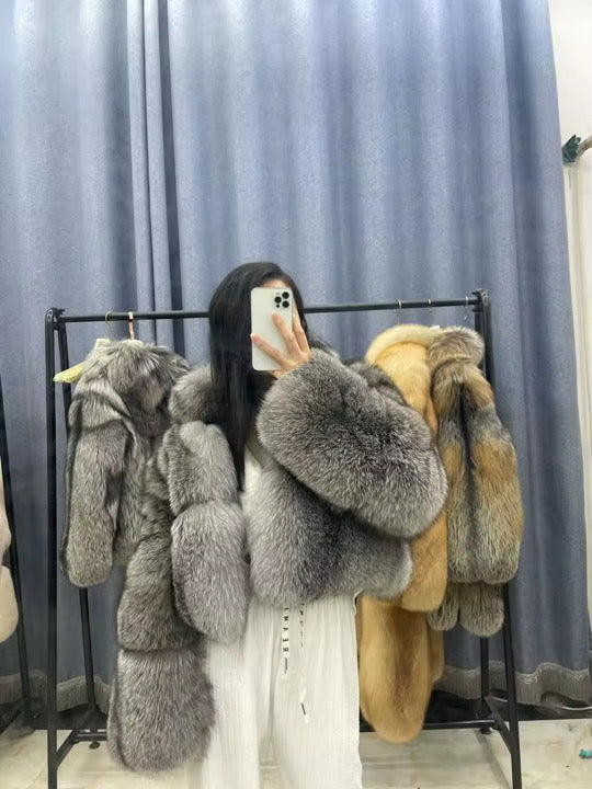 Sample sale silver fox crop coat