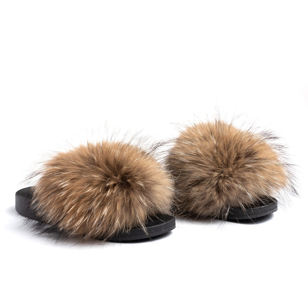 Confetti Brown Fox Fur Slides