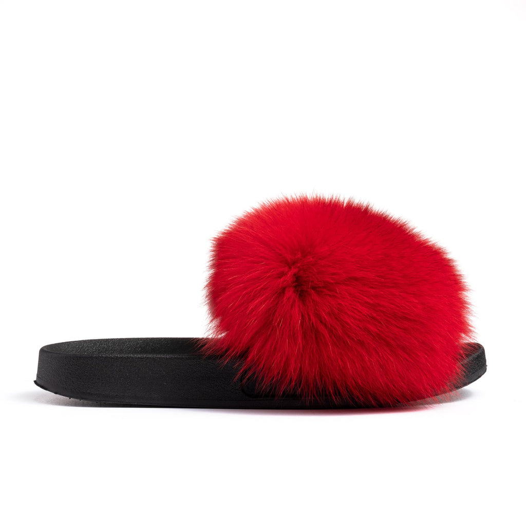 Black Fox Fur Slides With Red Stripe, Fur Slippers, Fluffy Slides